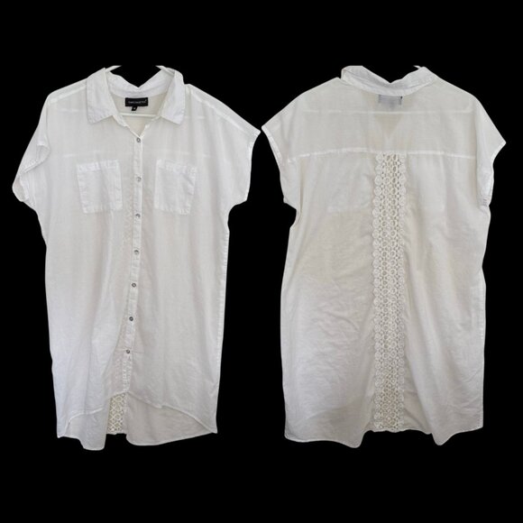 Club Z Collection Other - Club Z White Button Up Shirt Dress Cover Up M Embroidery Crochet Beachy Coastal